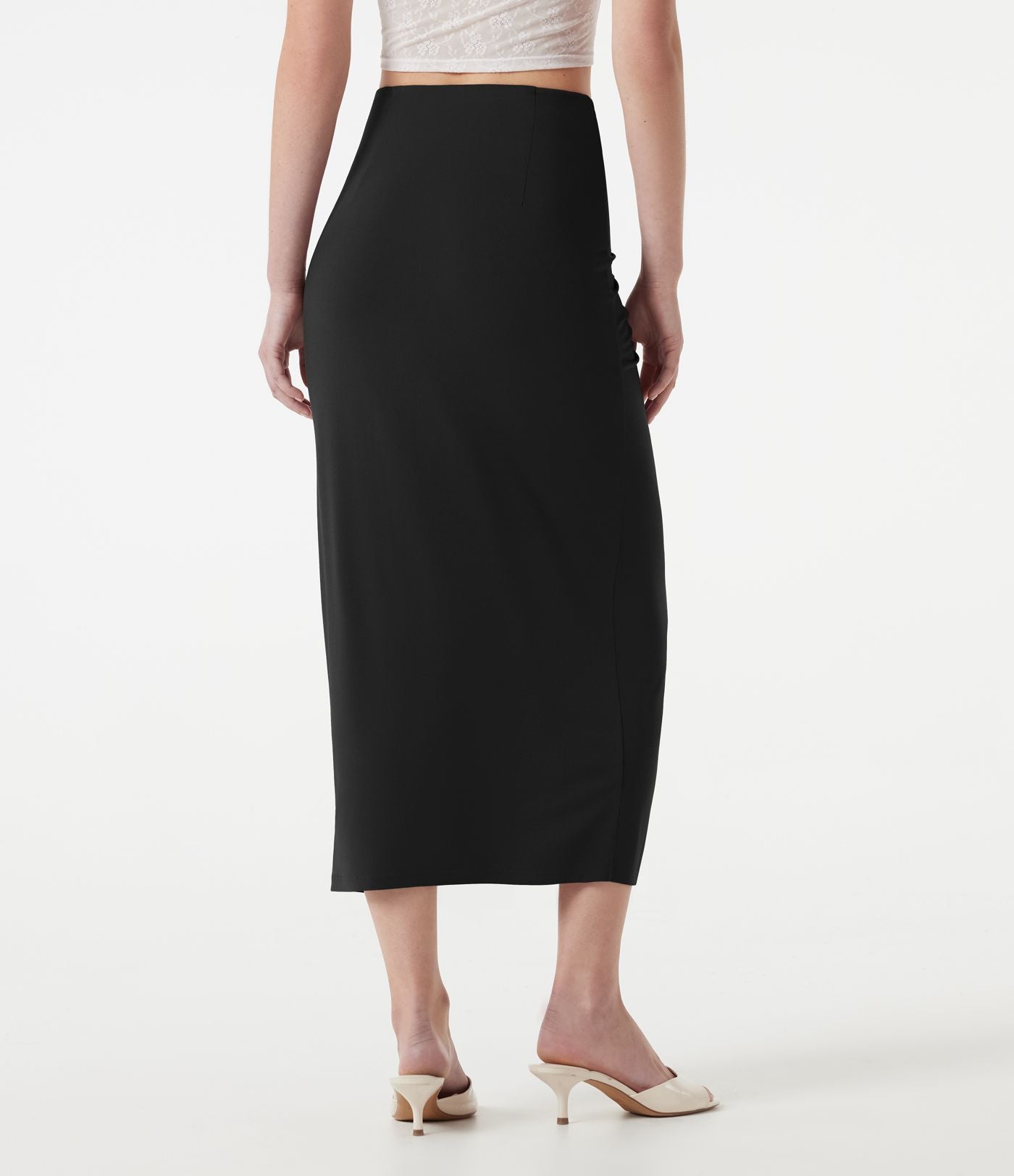 Jupe midi moulante taille haute froncée