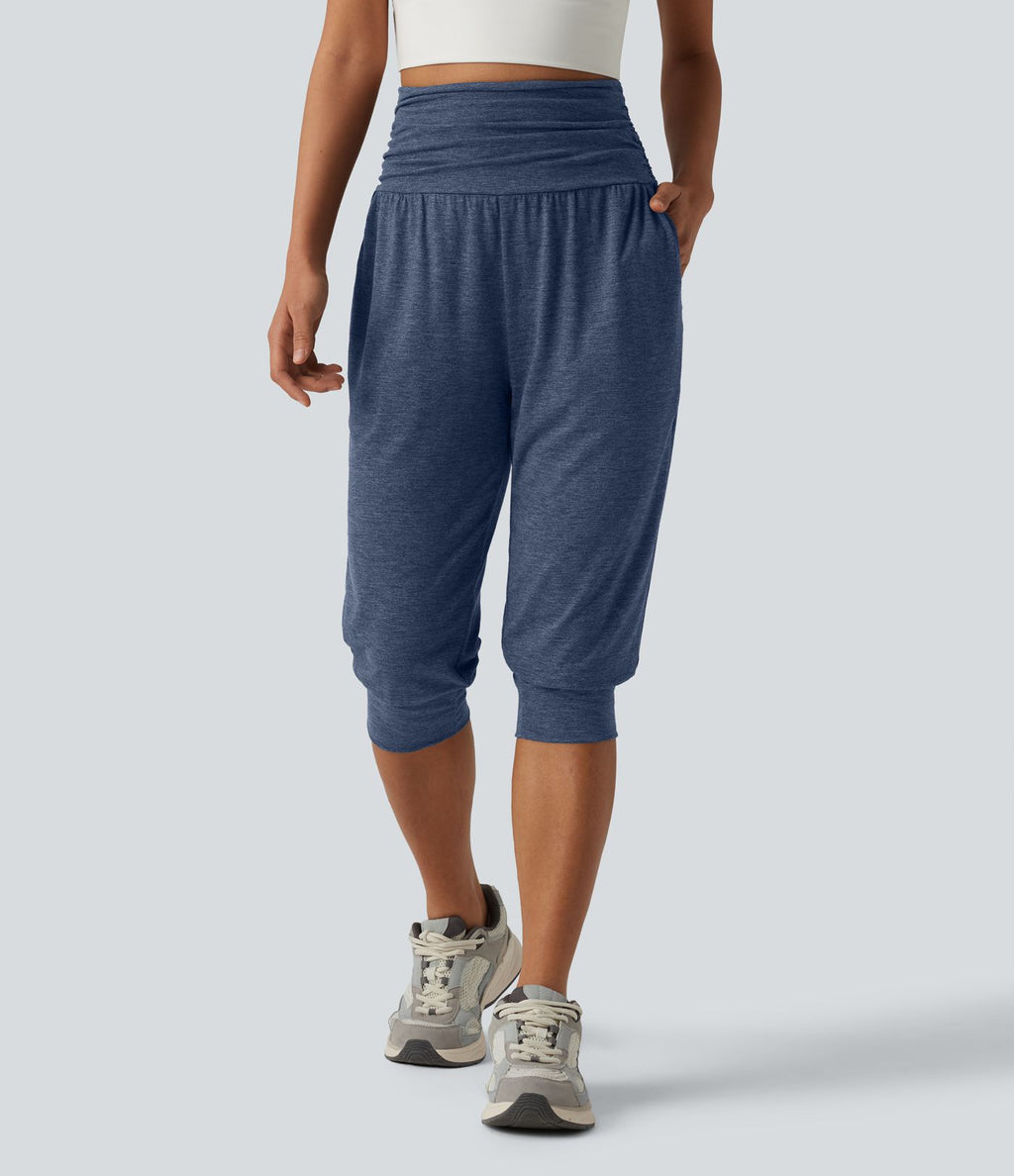Jogging yoga corsaire chiné taille haute à fronces avec poches
