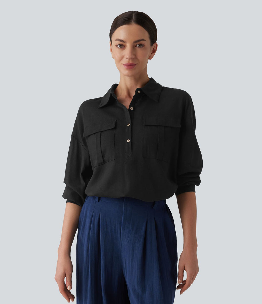 Chemise décontractée en lin col ourlet arrondi manches longues boutonnée avec poches