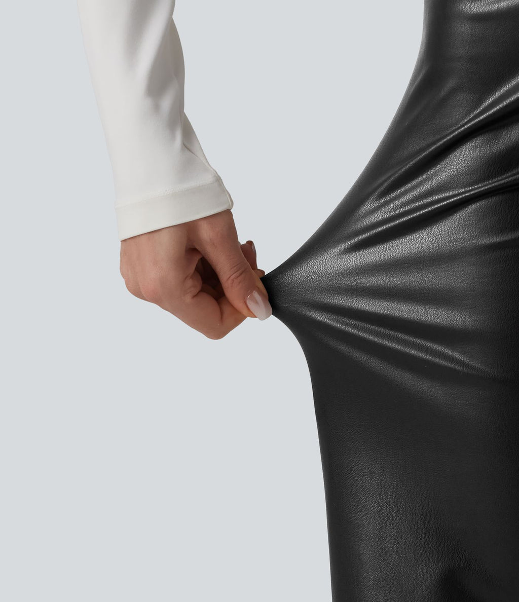 Pantalon large décontracté gainant taille haute extensible en molleton PU avec poches