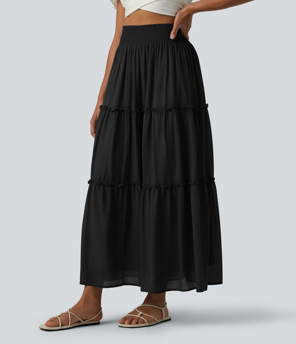 Jupe casual mi-longue à volants étagés et fronces taille haute