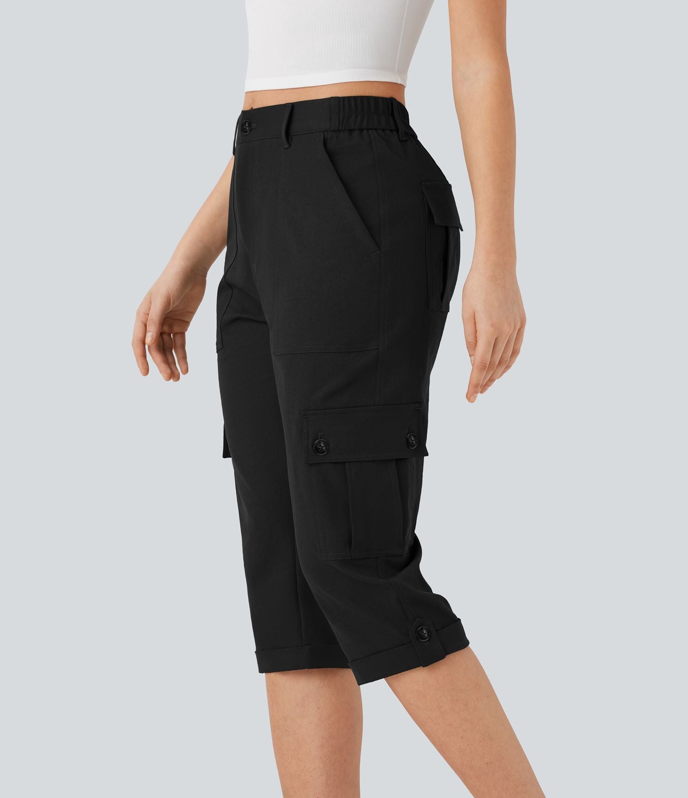Pantalon cargo décontracté taille moyenne à ourlet roulé avec poches à rabat