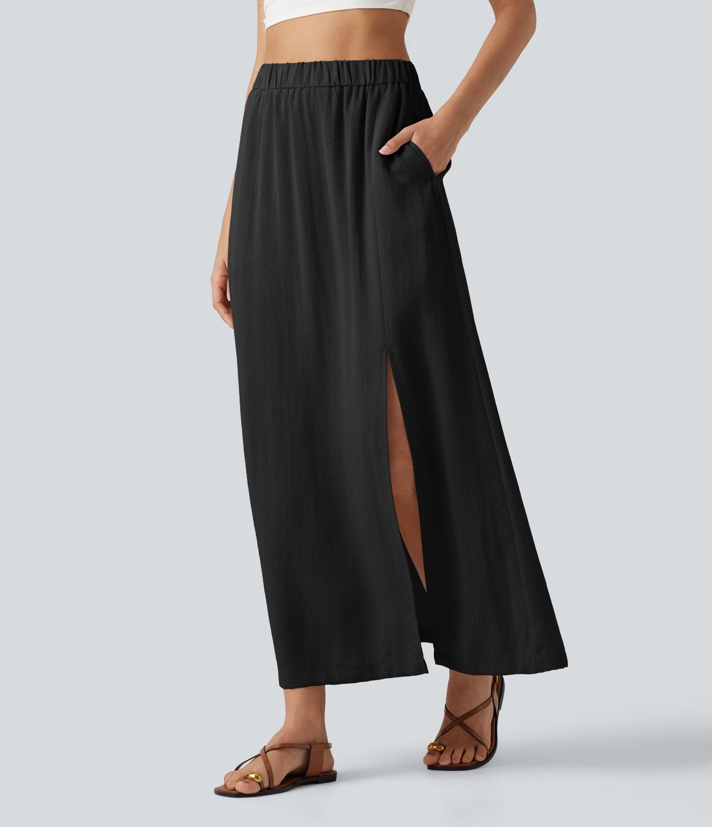 Jupe maxi effet lin taille haute avec fente à l’ourlet et poches