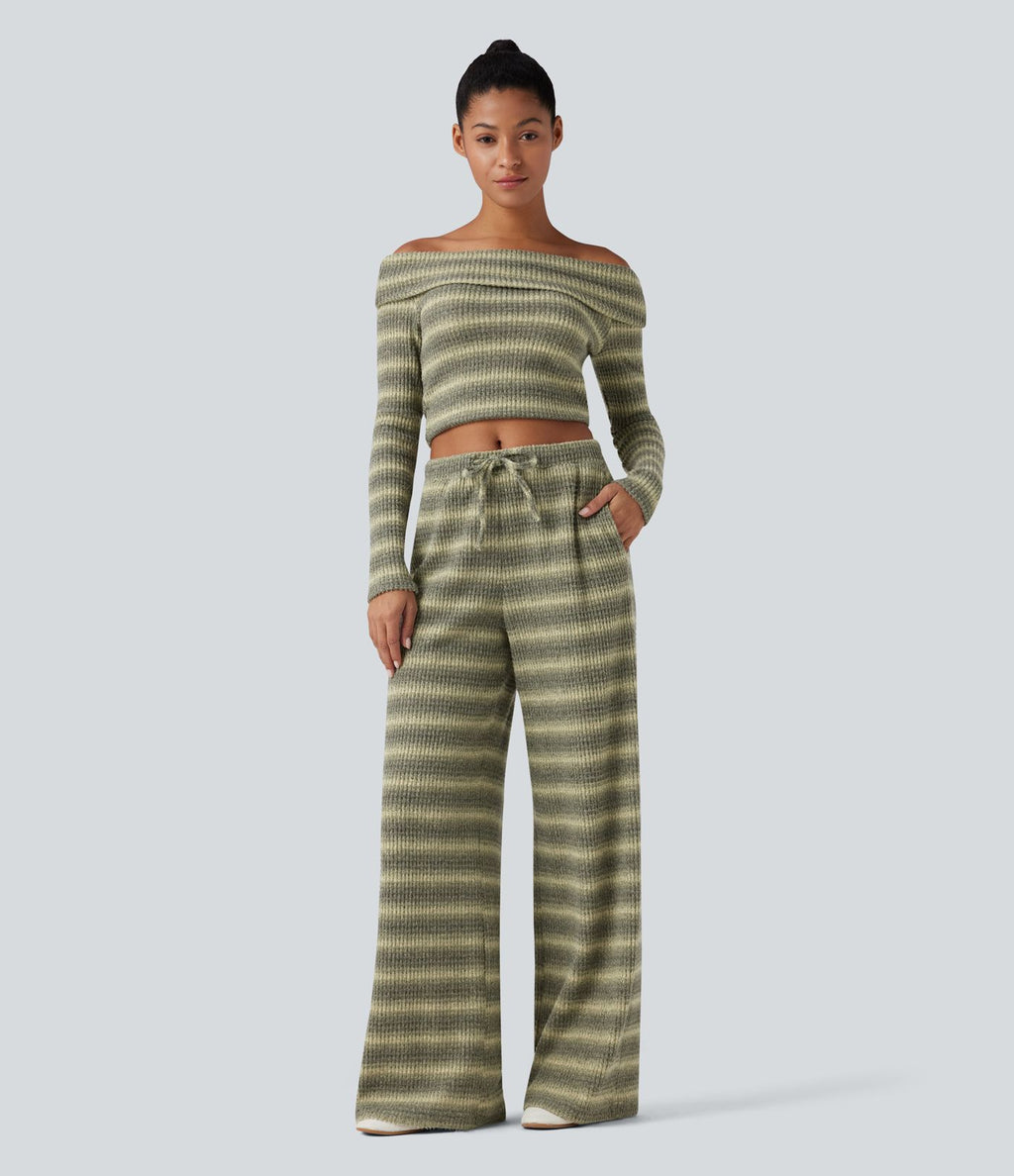 Pantalon large gaufré taille mi-haute avec cordon de serrage, rayures dégradées et poches