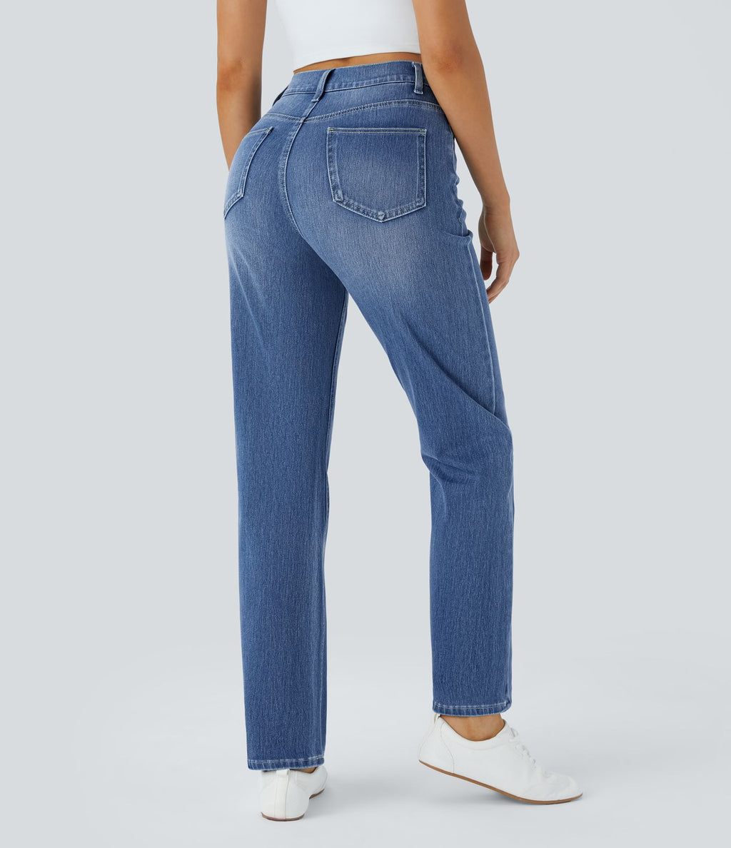 Jean droit Halara Flex™ à taille haute, poches multiples, effet délavé et tissu extensible