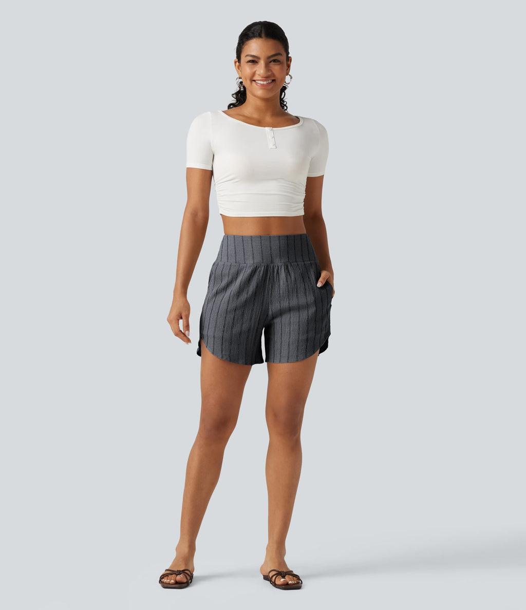 Short casual taille haute ourlet arrondi rayures avec poches