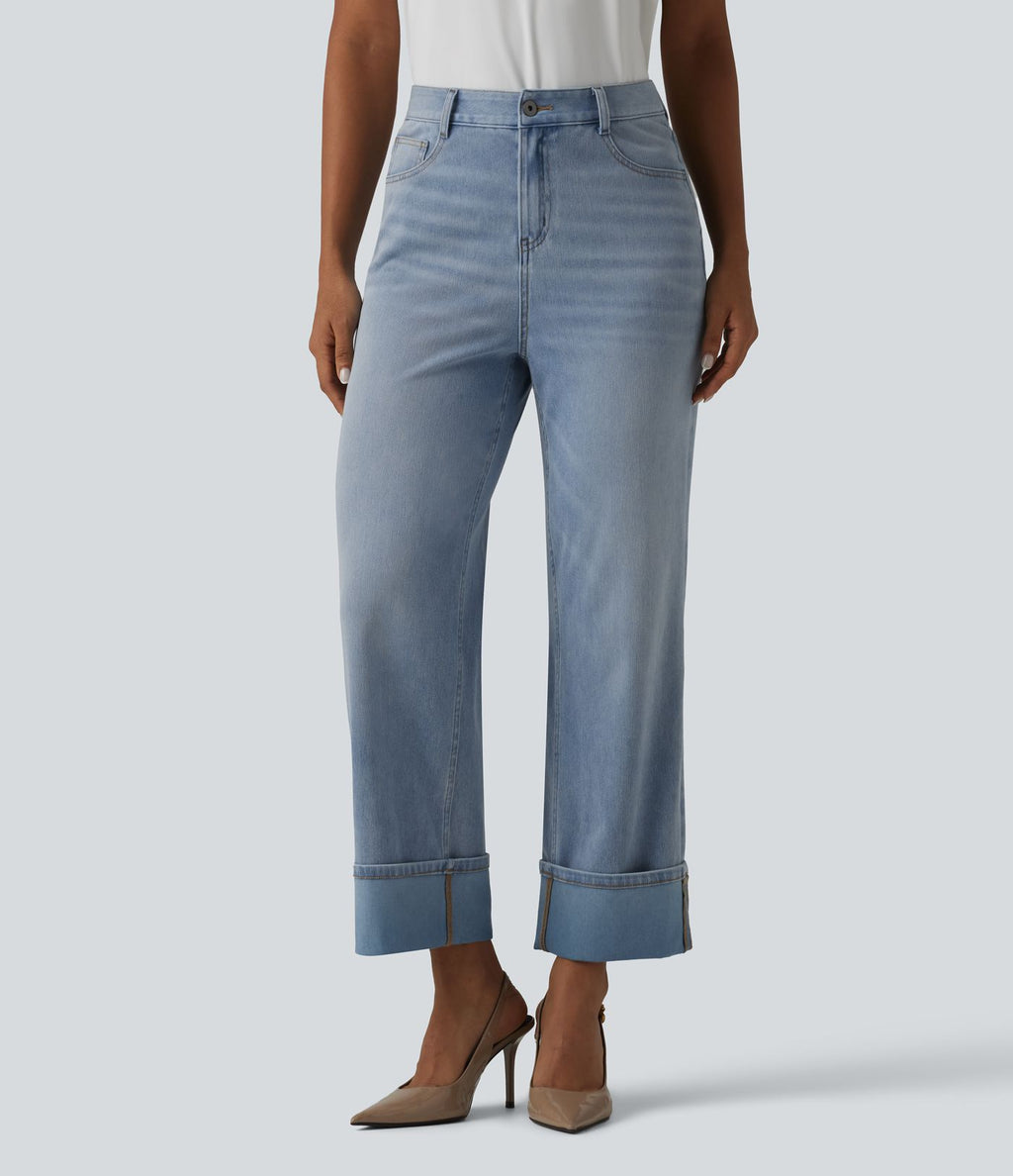 Jean coupe droite Halara Flex™ délavé décontracté, taille haute, à revers, à poches