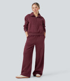 Pantalon jogging molleton coton taille haute avec cordon de serrage et poches