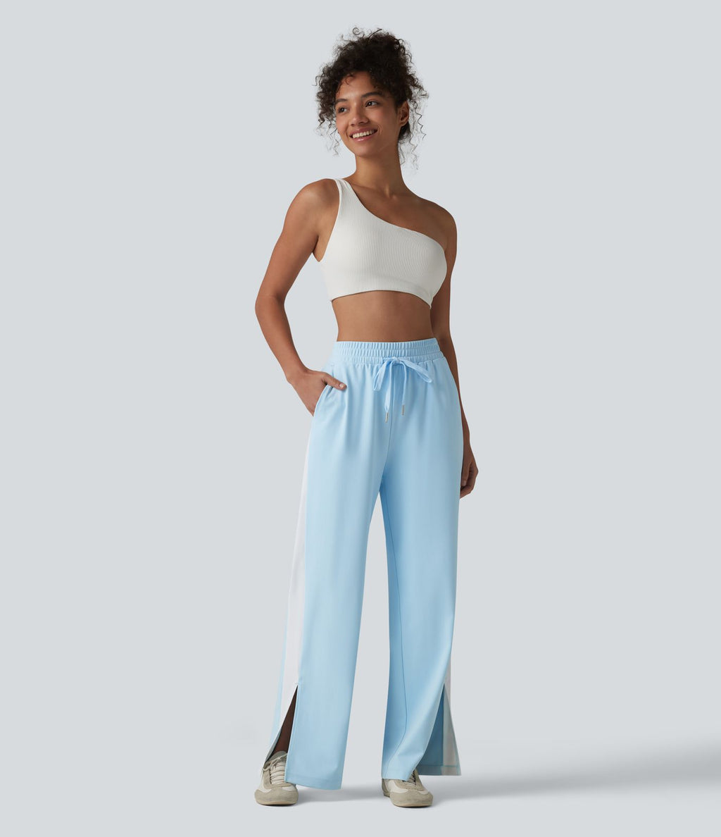 DayStretch Pantalon droit de yoga taille haute cordon de serrage rayures color block fentes latérales avec poches