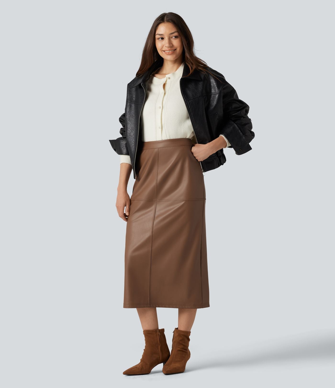 Jupe crayon midi habillée taille haute en simili cuir doublé polaire avec fermeture éclair invisible et fente