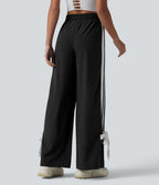 Pantalon large de course taille haute effet frais InstantCool à séchage rapide, color block à rayures avec nœud, cordon de serrage et poches, protection solaire UPF40+
