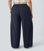 Pantalon Large Casual Taille Mi-Haute Taille Élastique Cordon Poches Latérales Ourlet Flottant Grande Taille