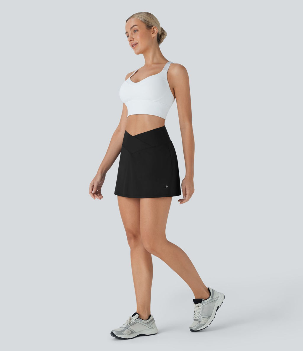 Jupe de tennis mini évasée Softlyzero™ QuickDry taille haute croisée avec short intégré galbant les fesses et poches