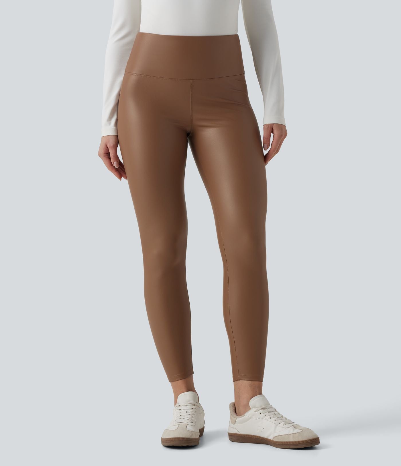 Pantalon 7/8 moulant décontracté polaire gainant taille haute extensible effet cuir avec poches