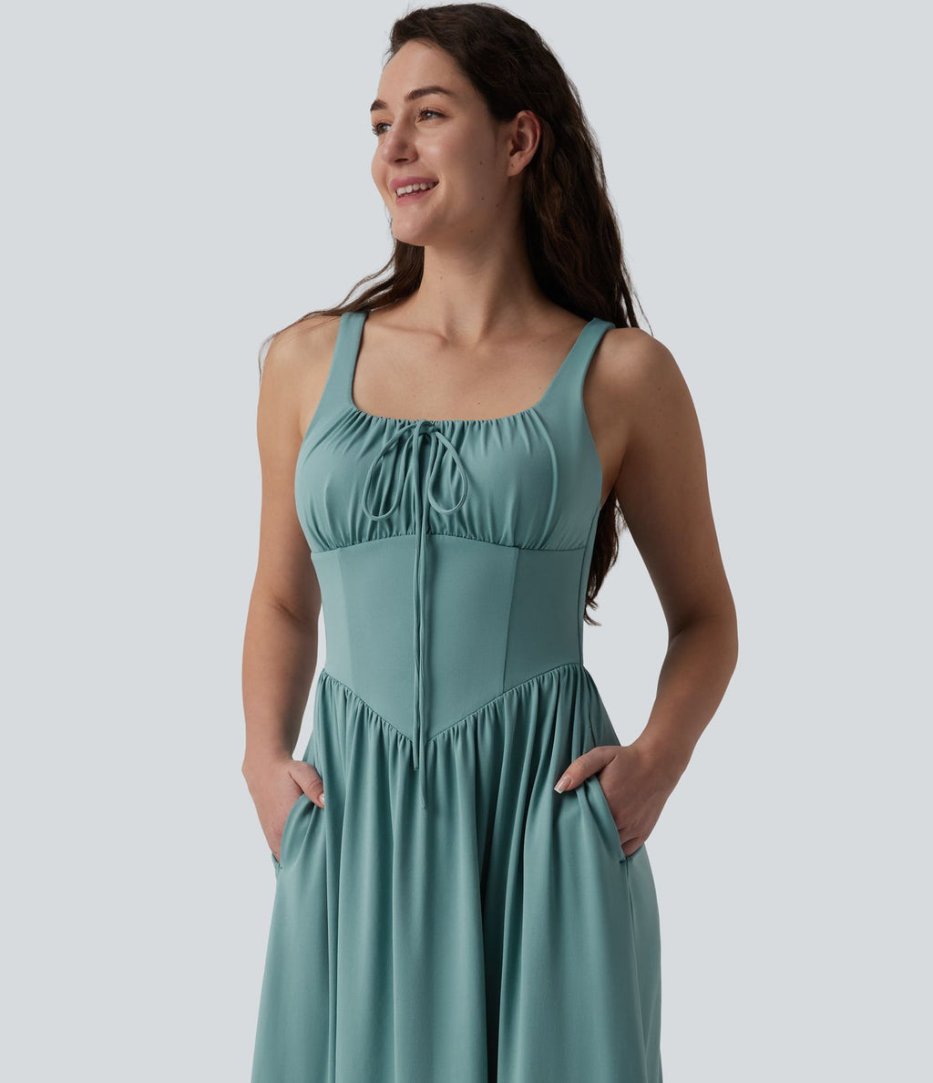 Robe midi fluide casual col carré à corset et nœud devant avec poches