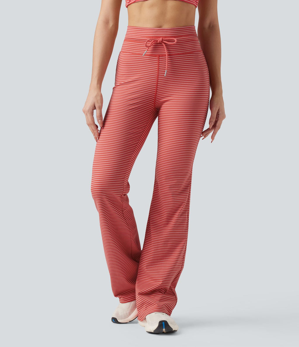 Pantalon de yoga évasé à rayures, taille haute, cordon et poches