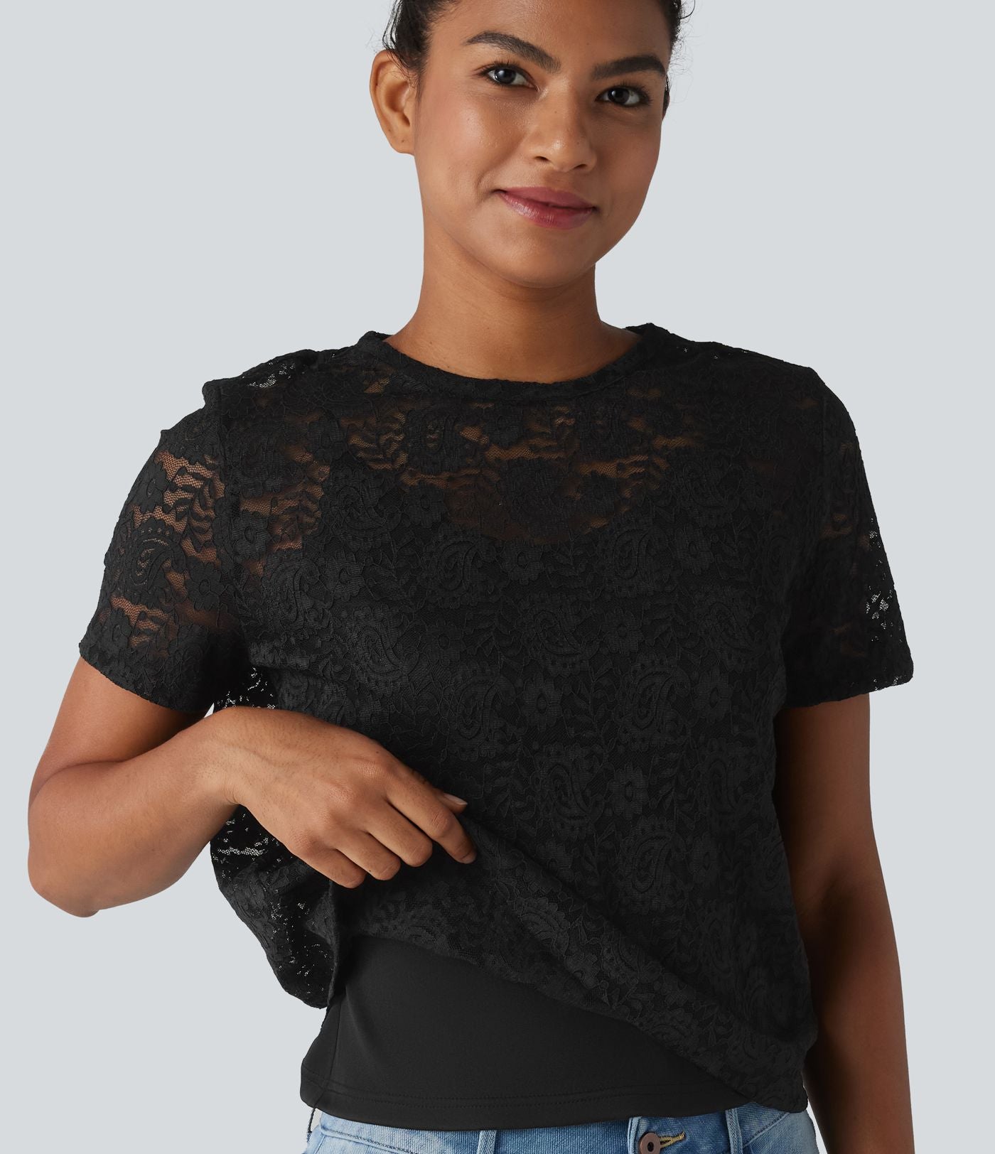 T-shirt casual 2-en-1 en dentelle col rond à manches courtes