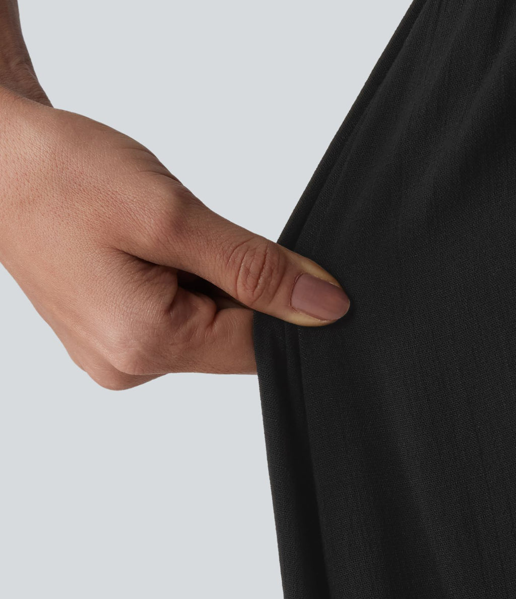 Robe nuisette midi aspect lin avec nœud devant, découpes et poches