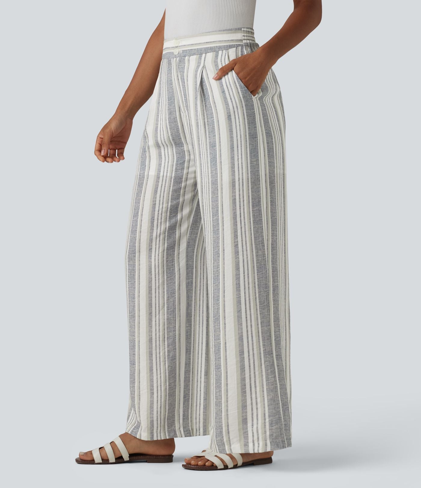 Pantalon casual large rayé taille haute avec poches