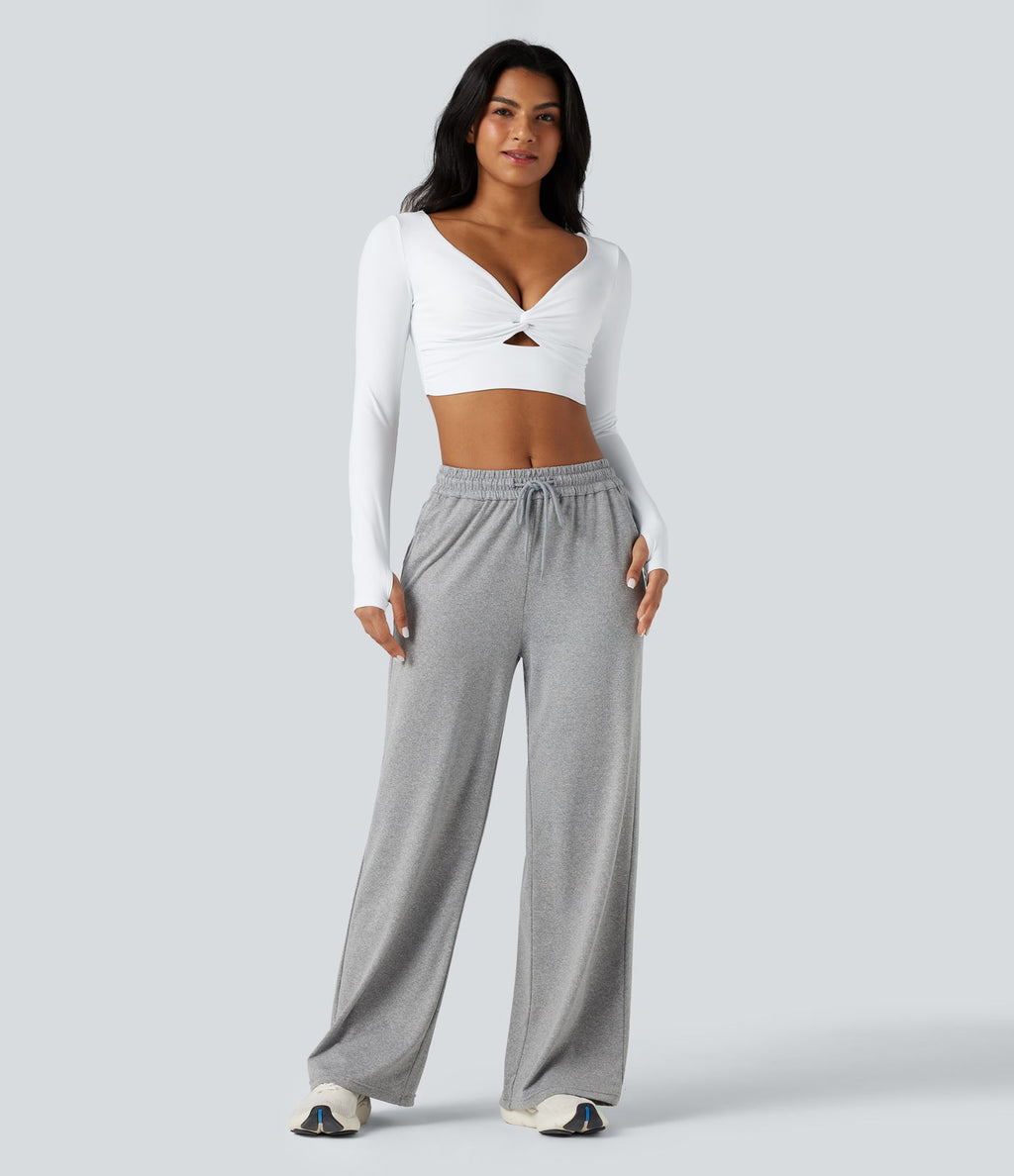 Haut de sport yoga SoftlyZero™ Airy court col V découpes torsadé effet frais InstantCool manches longues avec passe-pouces, protection solaire UPF50+