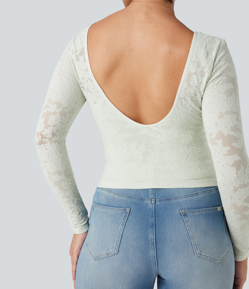 Haut de sport col U dos nu jacquard à manches longues sans couture OneForm Seamless Flow