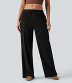 Pantalon décontracté large en velours côtelé, taille mi-haute, avec cordon et poches