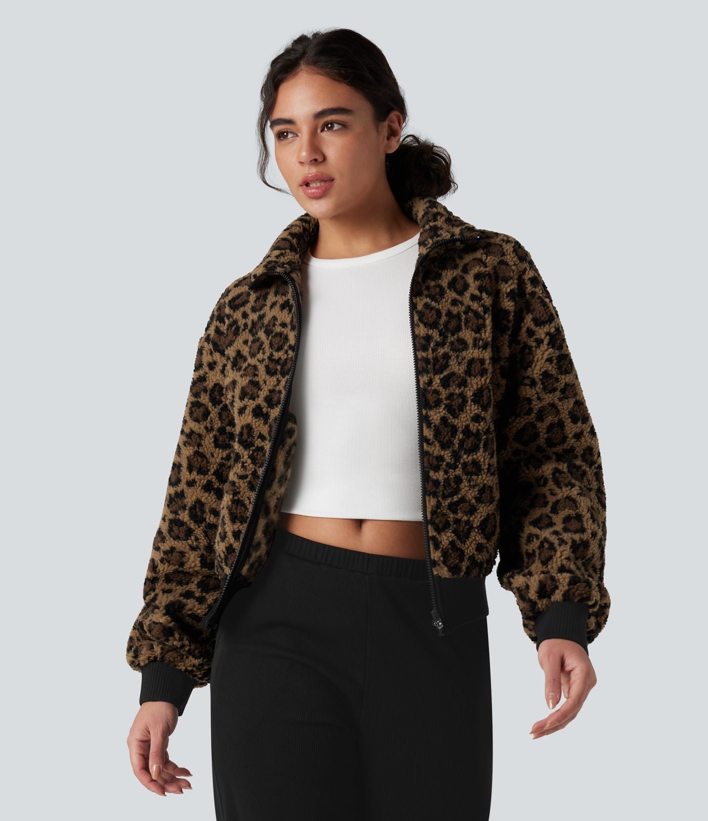 Veste sherpa col montant côtes contrastantes avec fermeture éclair et poches