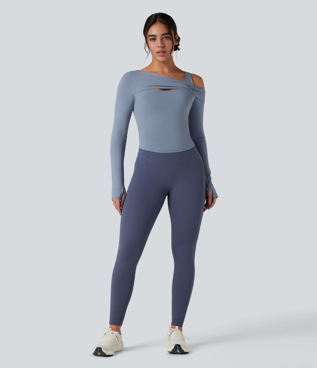 Top de sport yoga épaule asymétrique manches longues avec trous pouces
