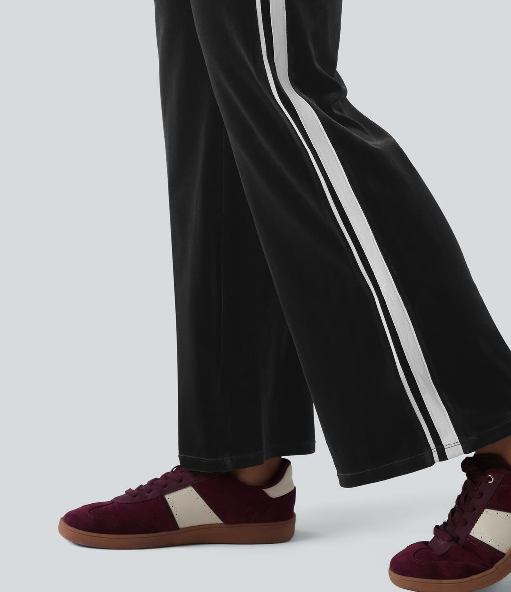 Pantalon évasé en velours taille basse color block à rayures avec poches