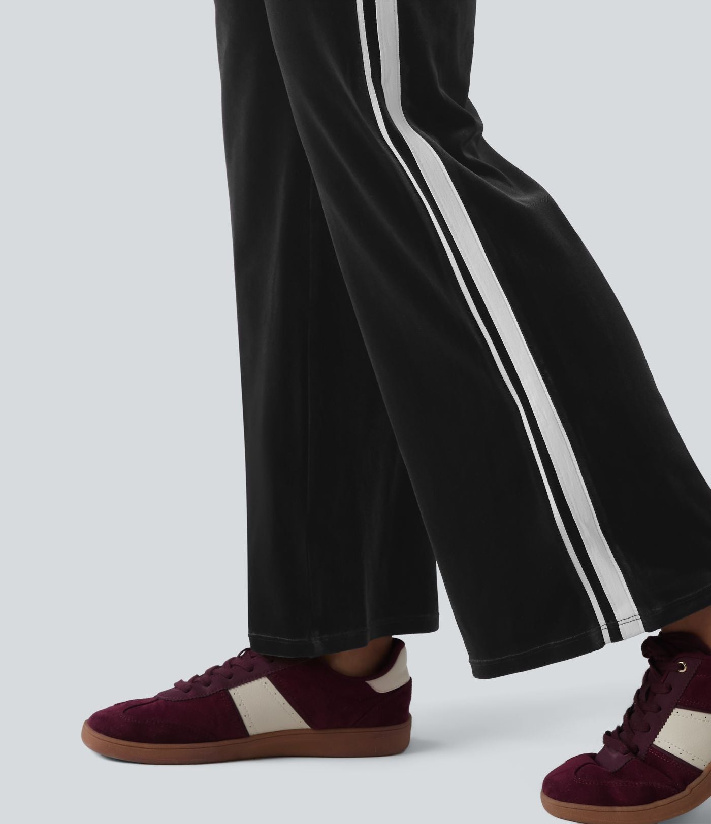 Pantalon évasé en velours taille basse color block à rayures avec poches
