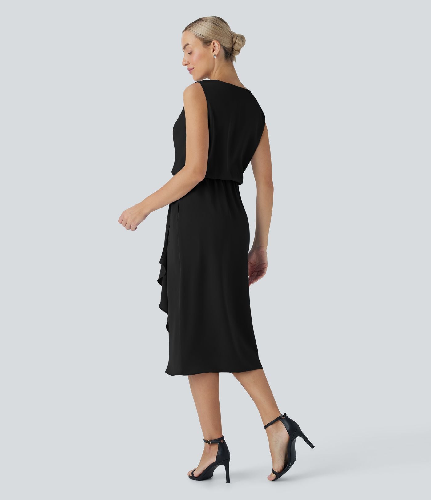 Robe midi de voyage défroissage facile, col bénitier, ourlet croisé et poches