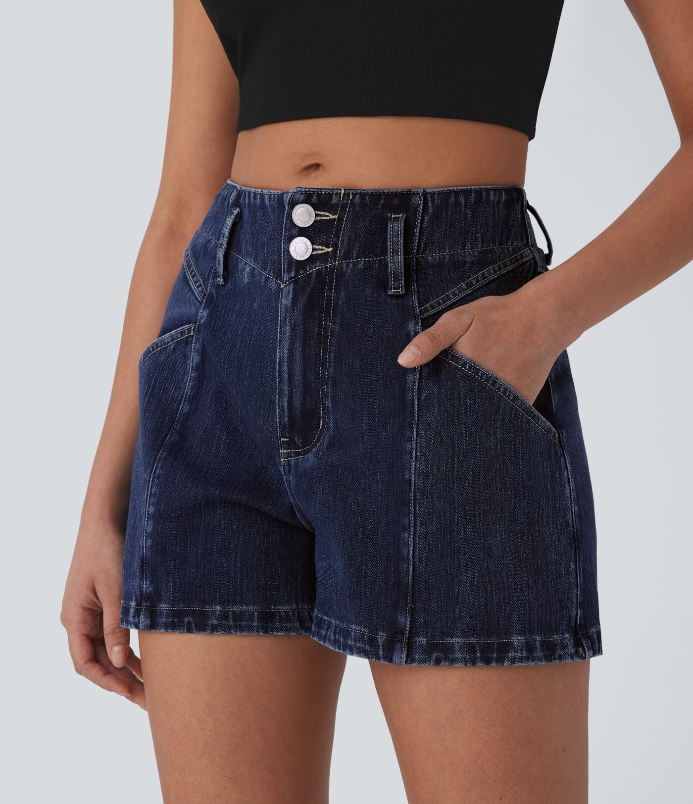 Short en denim extensible Halara Flex™ à taille moyenne avec bouton, fermeture éclair et poches latérales 7,5 cm