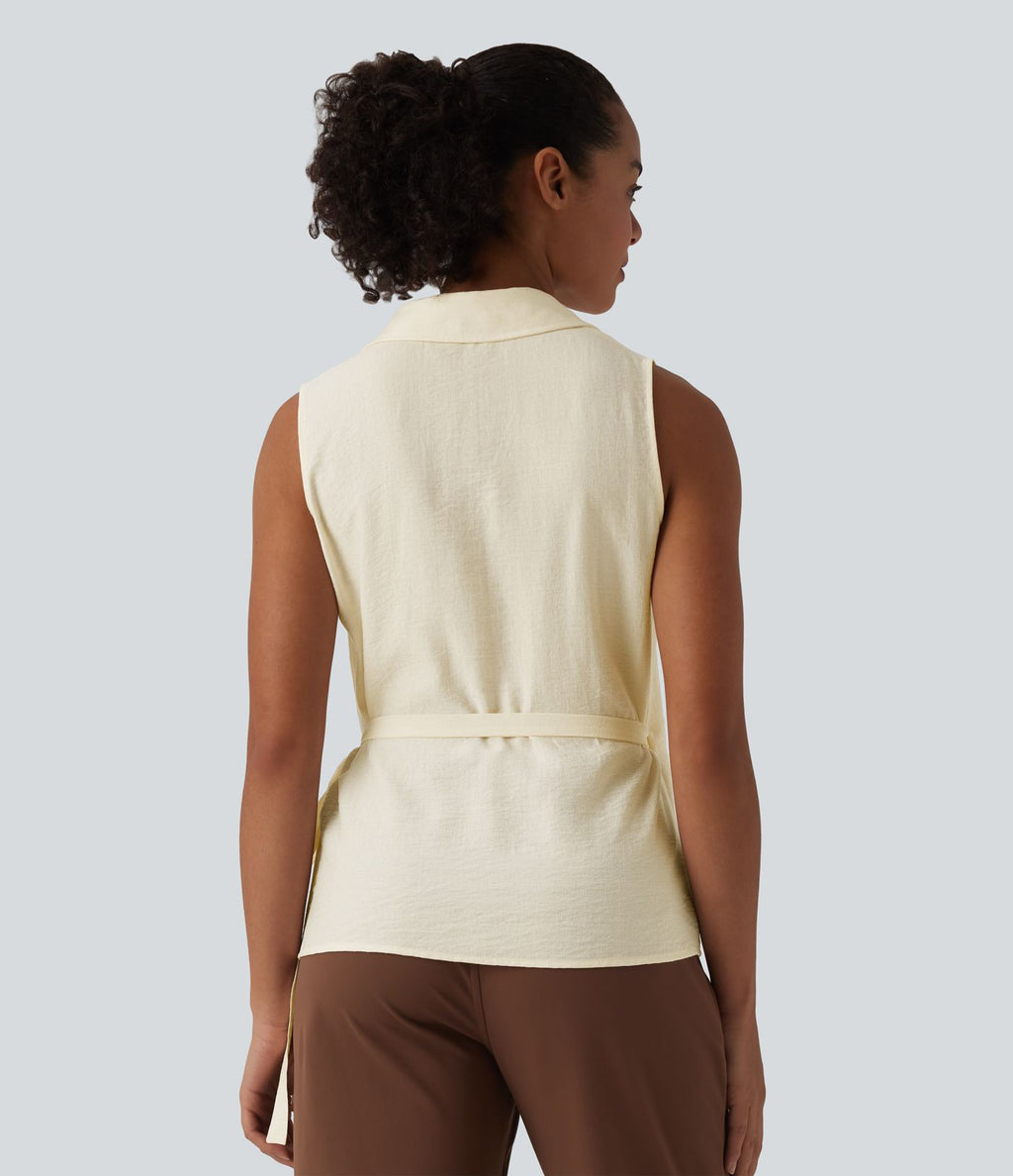 Chemise de travail sans manches col V cache-cœur avec lien latéral