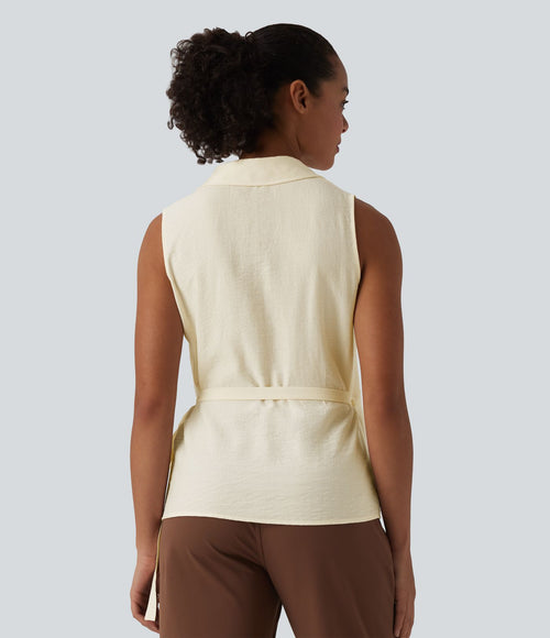 Chemise de travail sans manches col V cache-cœur avec lien latéral