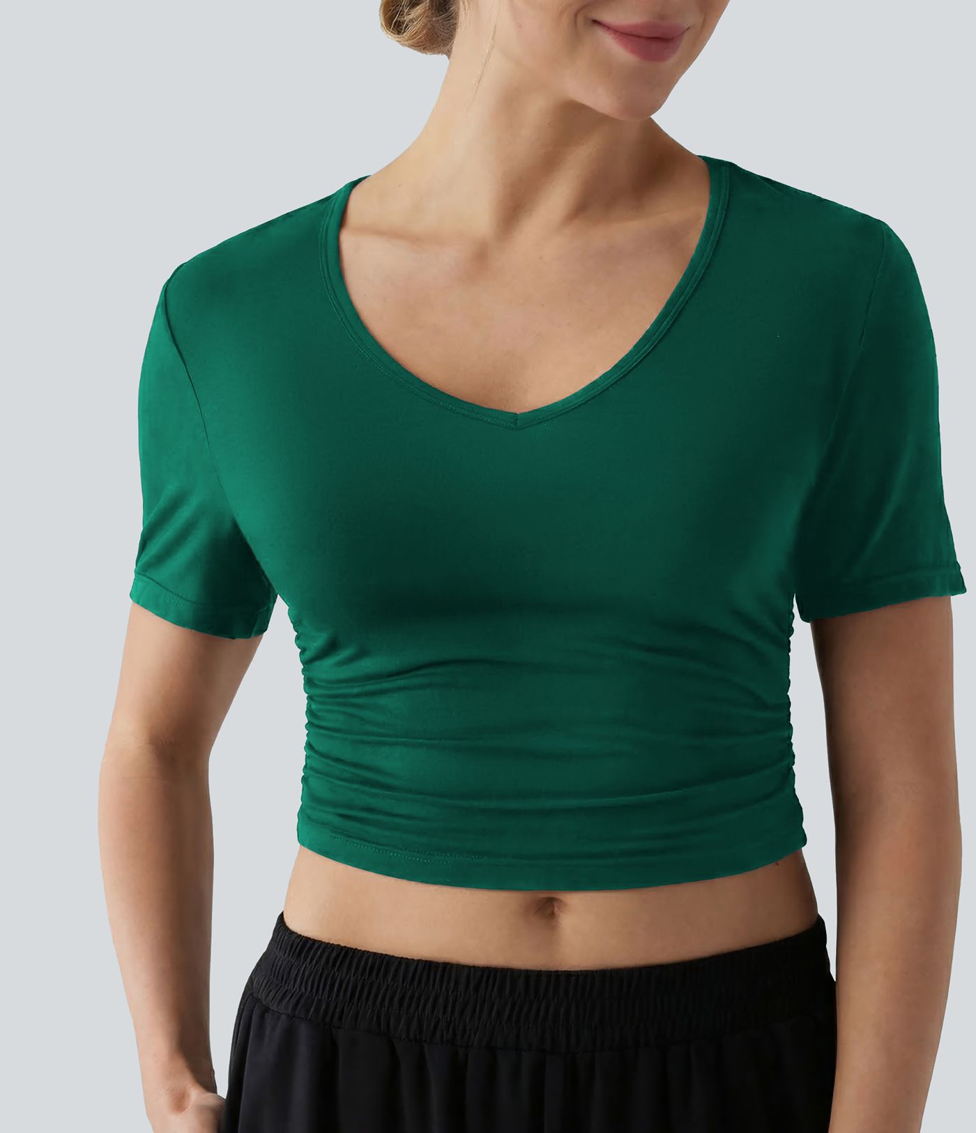 T-shirt décontracté col V manches courtes coupe courte
