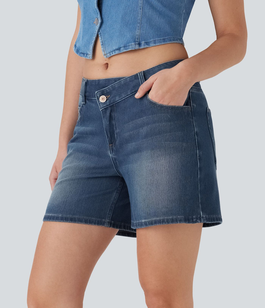 Short asymétrique en jean délavé Halara Flex™ taille basse à poches multiples