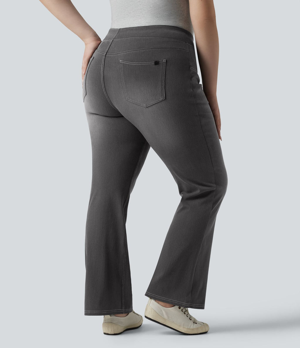 Jean décontracté Halara Flex™ grande taille bootcut taille haute en maille extensible délavée avec multiples poches