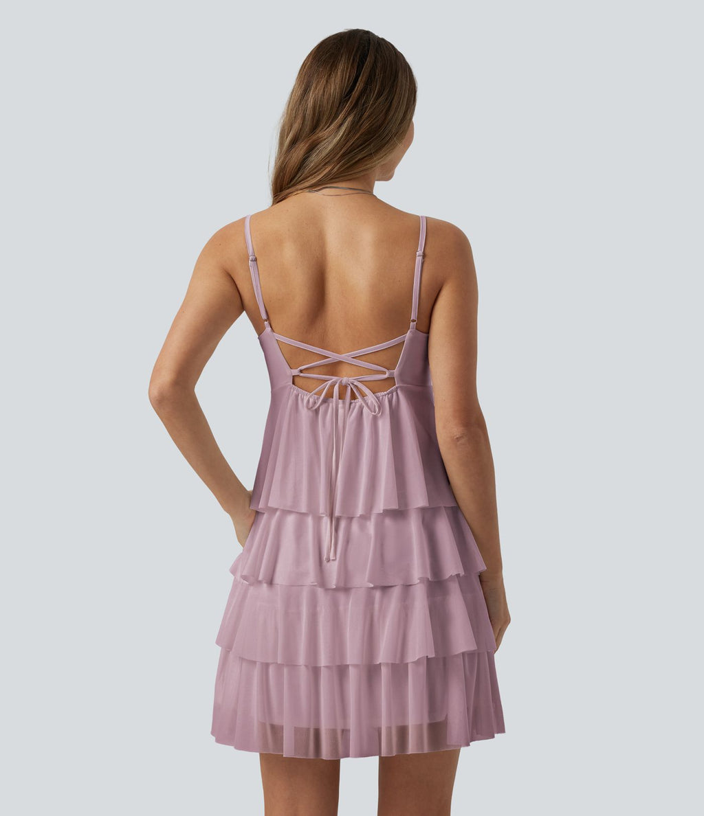 Robe nuisette courte décontractée à volants, dos nu croisé, empiècement en résille, brassière intégrée et poches