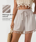 Short ample de vacances en mélange de lin taille haute avec cordon de serrage et ourlet à franges à poches
