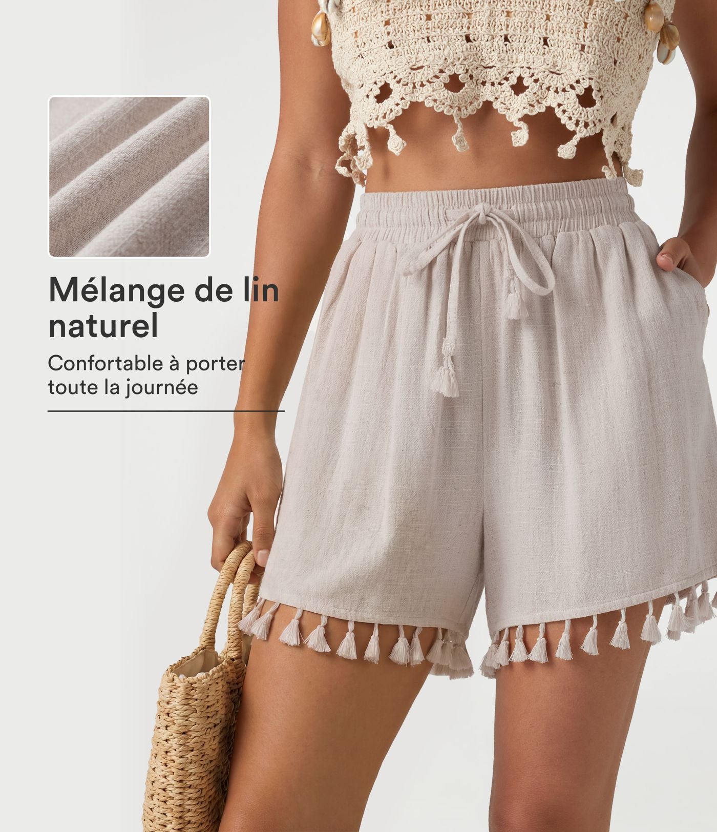 Short ample de vacances en mélange de lin taille haute avec cordon de serrage et ourlet à franges à poches