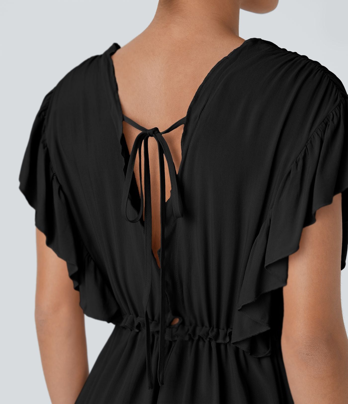 Robe Casual Maxi Flowy Encolure en V Profond Manches Papillon Dos Nu Cordon de Serrage Boutonnés Poches Latérales