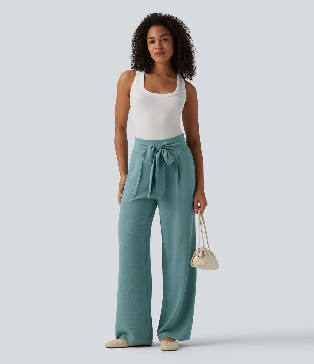 Pantalon droit décontracté aspect lin taille haute à nouer devant avec poches