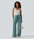 Pantalon droit décontracté aspect lin taille haute à nouer devant avec poches