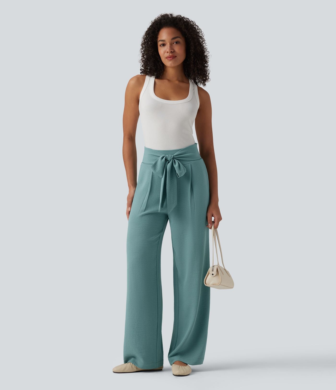 Pantalon droit décontracté aspect lin taille haute à nouer devant avec poches