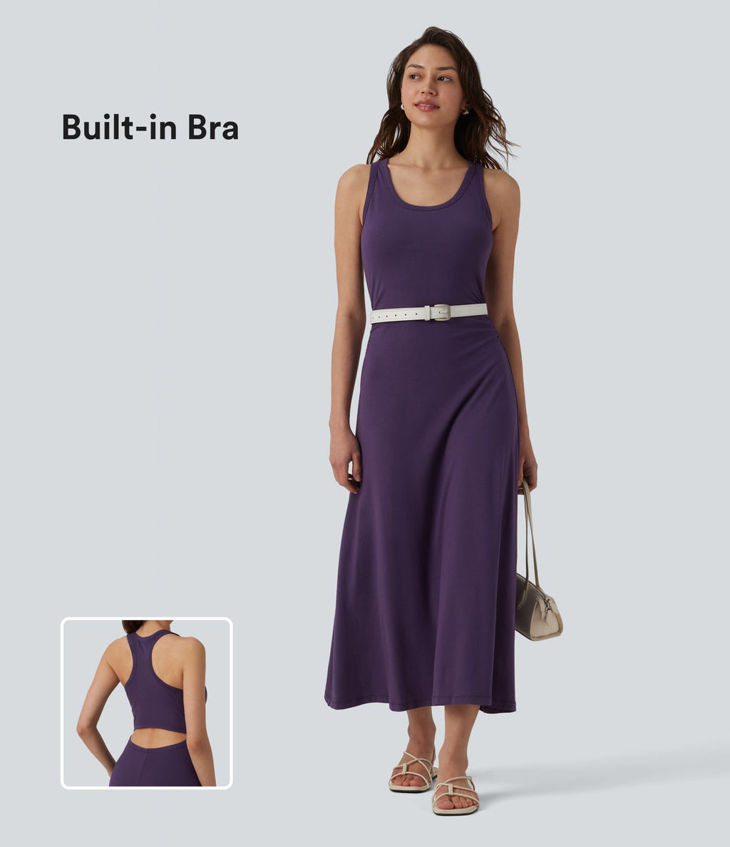 Robe mi-longue casual dos nageur sans manches avec fronces et brassière intégrée