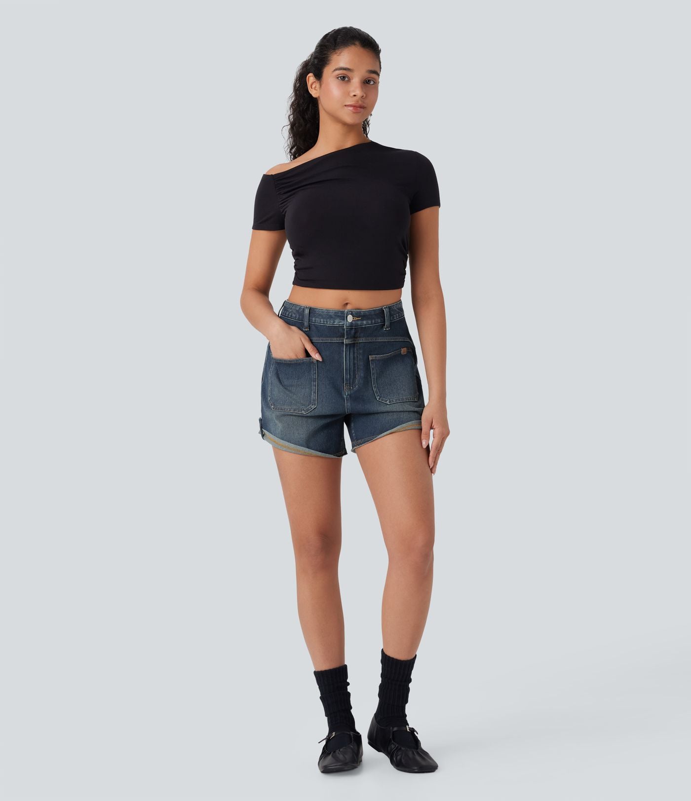 Short décontracté en jean extensible délavé Halara Flex™ taille moyenne avec revers et poches avant