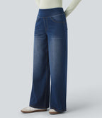 Jean décontracté Halara Flex™ large taille haute effet délavé avec poches