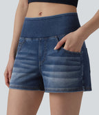 Halara Flex™ Short décontracté en denim lyocell délavé taille mi-haute drapé 9 cm avec poches