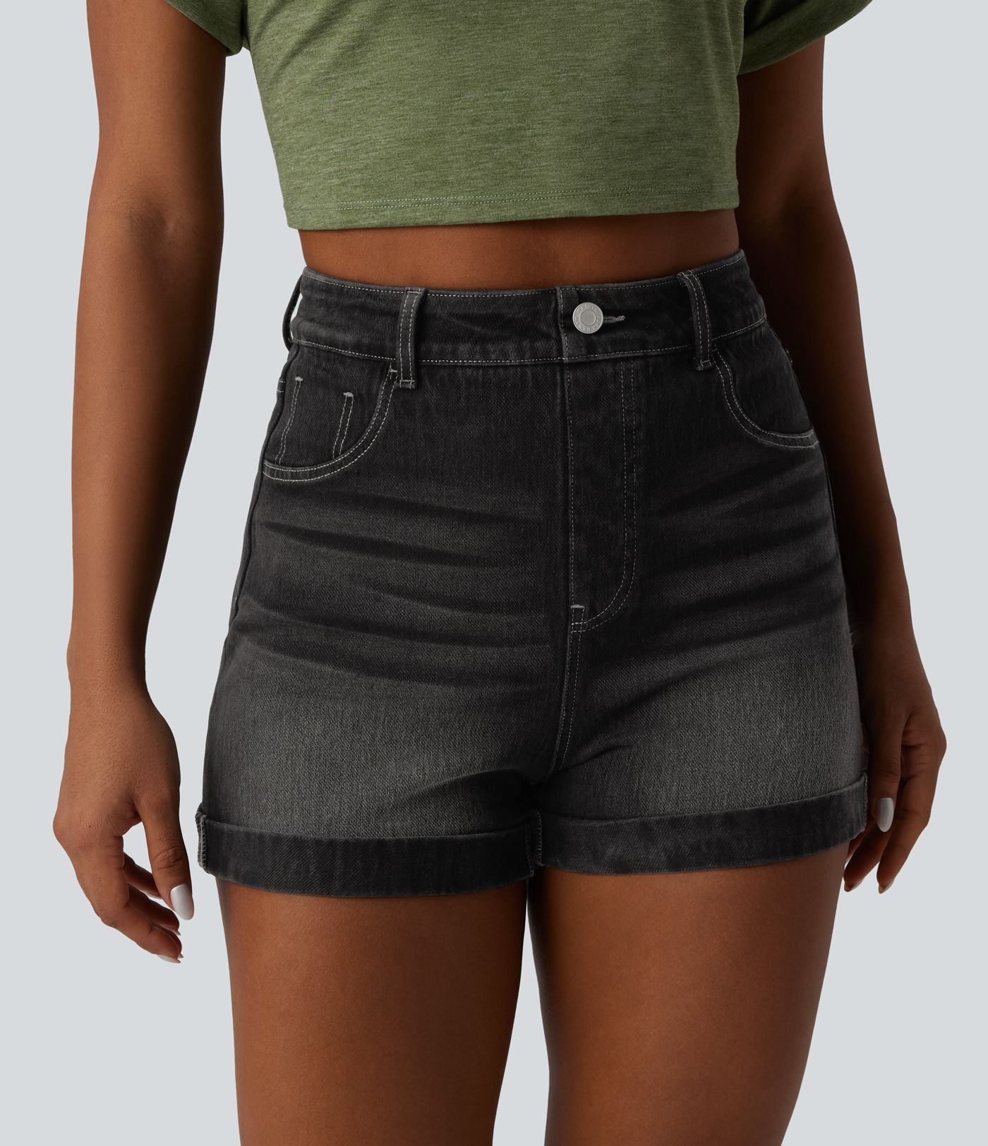 Short denim décontracté Halara Flex™ gainant taille haute ourlet roulotté avec poches