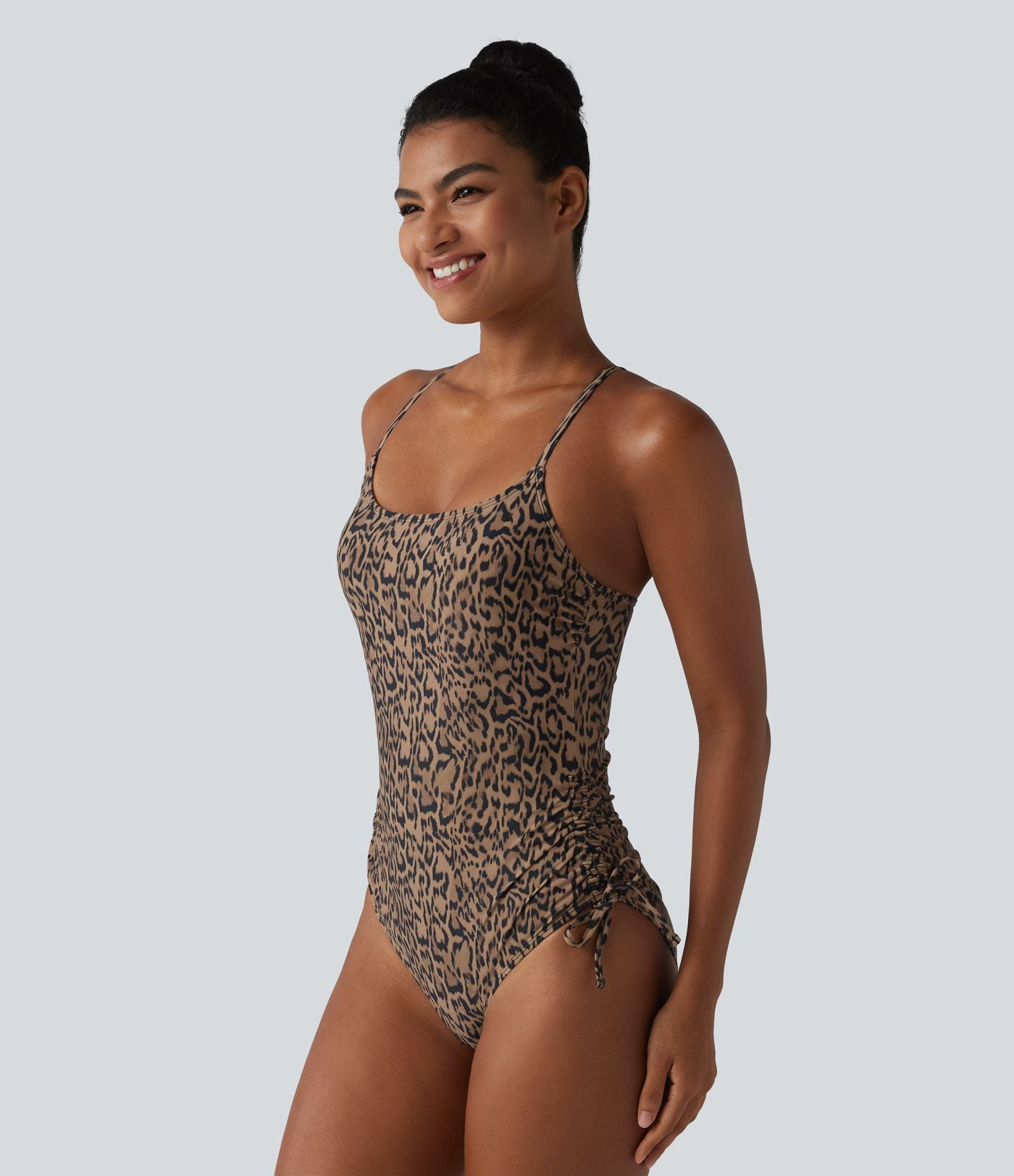 Maillot de bain une pièce col carré soutien-gorge intégré ventre plat cordon de serrage imprimé léopard